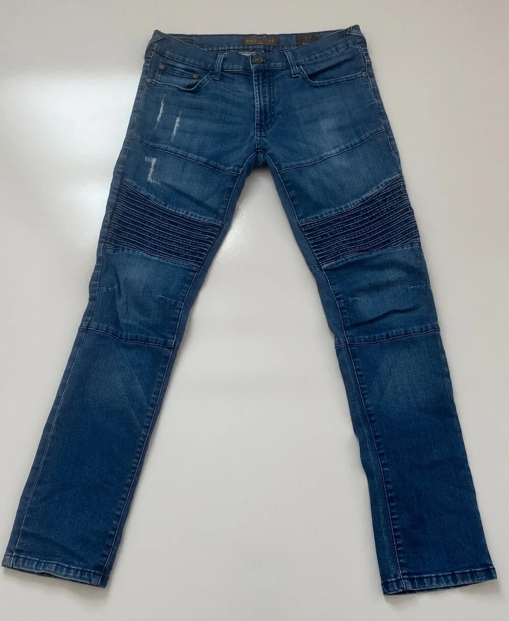 Ring of Fire Men's Moto Biker Jeans 30x32 Medium Blue Distressed Ribbed Knee